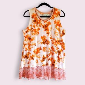 Logo Lounge‎ Tank Top Orange Floral Lace Trim Sleeveless Casual Blouse Medium